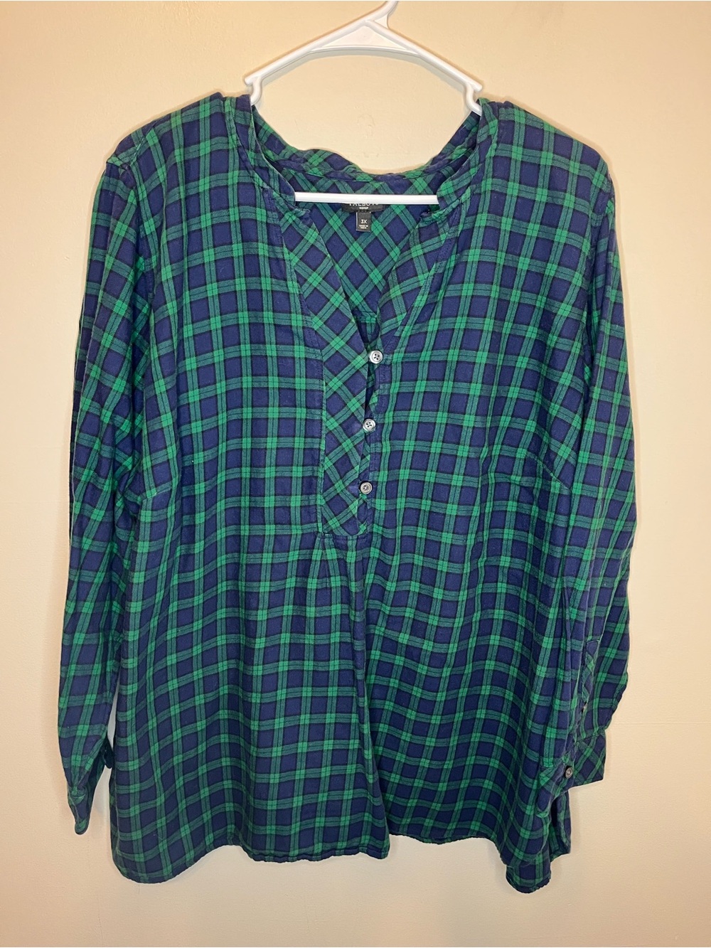 Talbots Womens Flannel Navy Green Plaid Long Sleeve Top 1/4 Button Size 2X EUC